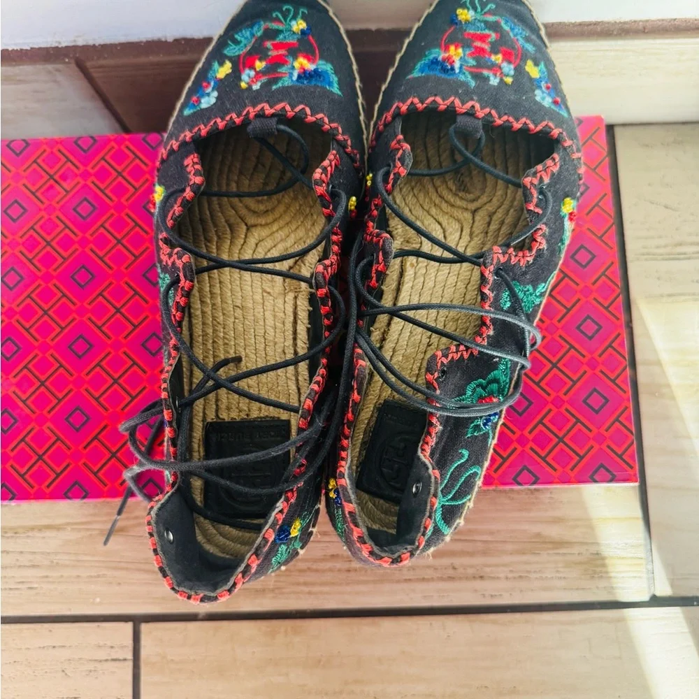 Tory Burch Black Embroidered Lace-Up Espadrilles with Multicolor Floral Accents